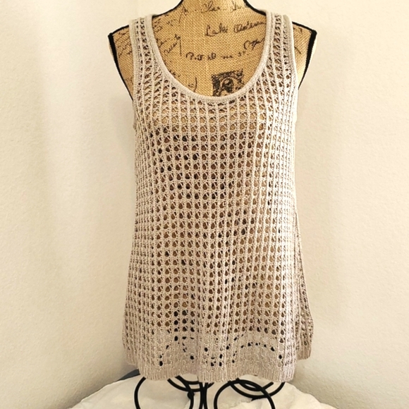 THE LIMITED Beige tan open knit sleeveless tank top silver metallic Medium - Picture 2 of 7